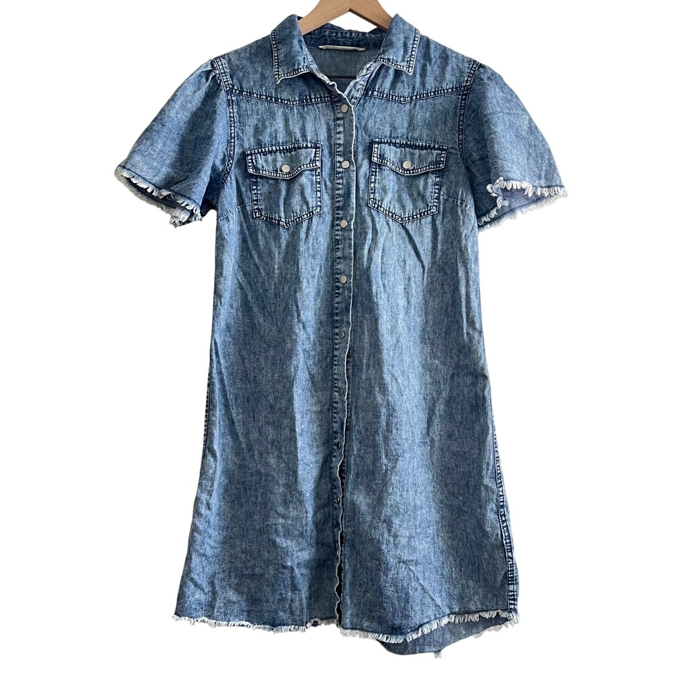 Given Kale Women's M Button Down Denim Mini Dress Raw Hem Cowgirl Cotton Western